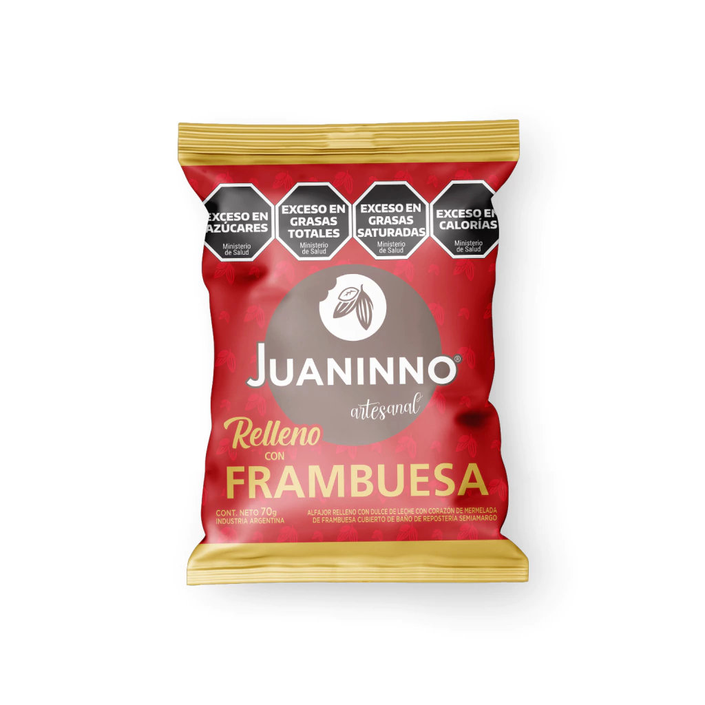 Alfajor relleno de dulce de leche y frambuesa cubierto con chocolate semi amargo